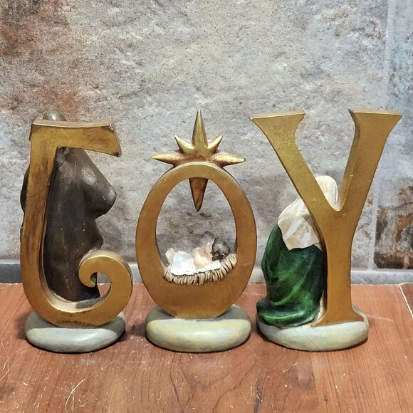 Vintage Three Piece Joy Christmas Nativity Set Repaired Chipped J - Picture 2 of 12